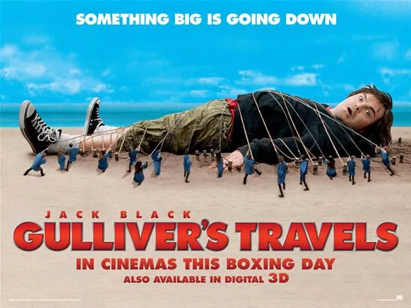 Gulliver's Travels movie poster featuring Jack Black as a giant among tiny people on a beach.