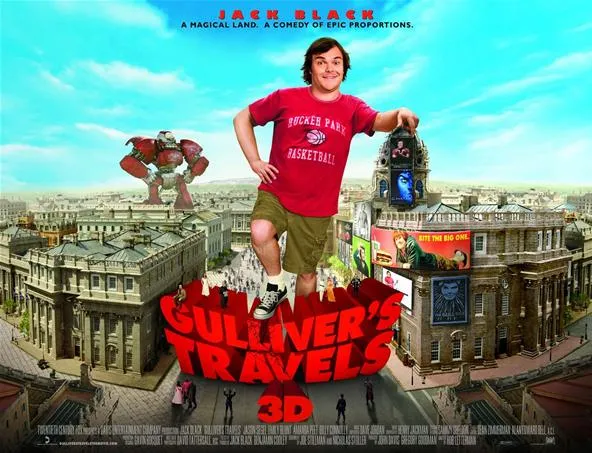 Gulliver's Travels movie poster featuring a giant man in a red shirt over a cityscape.