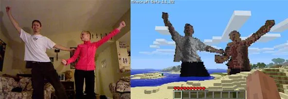 Two people dancing indoors alongside a scene from the game Minecraft featuring two oversized character models.