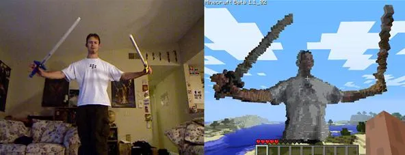 Person holding toy swords next to a Minecraft character holding oversized swords.