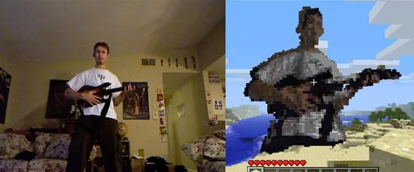 A person playing a guitar in a living room, alongside a pixelated character playing guitar in a video game.