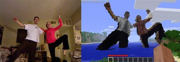 Two people dancing in a living room alongside a scene from a video game featuring characters in a similar pose.