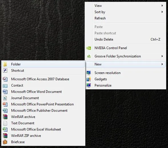 Computer screen displaying a context menu with options for folder management and Microsoft Office applications.