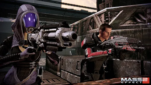 A female character aiming a weapon beside a male character in a futuristic setting.