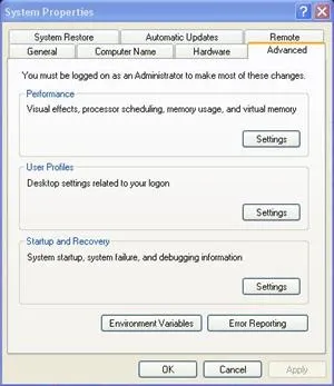System Properties dialog showing performance and environment variable settings.