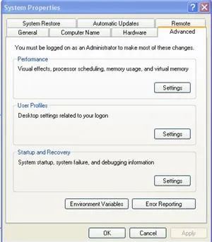 System Properties window displaying options for performance, live profile settings, and startup recovery.