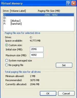 Virtual memory settings window showing paging file size options.