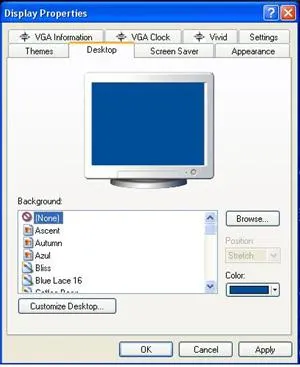 Desktop display properties window showing background color options.