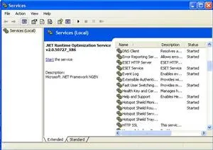 Screenshot of Windows Services Management Console showing .NET Runtime Optimization Service and its status.
