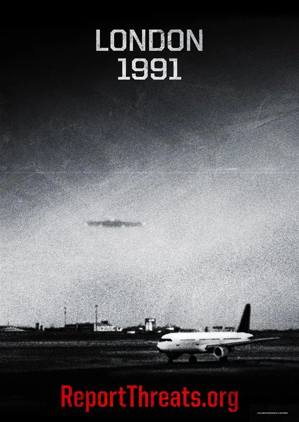 London 1991 aerial scene with an aircraft on the runway.