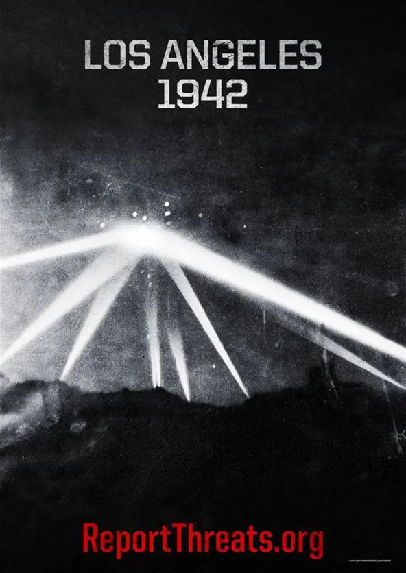 Los Angeles 1942, depiction of searchlights in the sky.