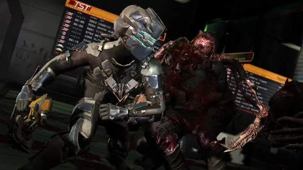 Video game characters in a sci-fi action scene.