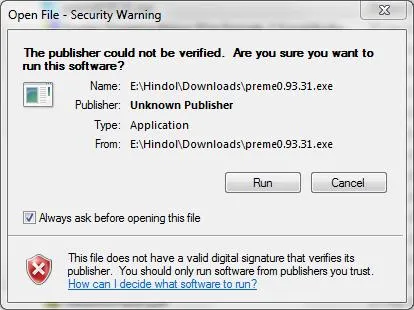 Security warning pop-up for unverified software installation.