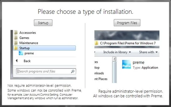 Installation type selection screen for the Preme application.