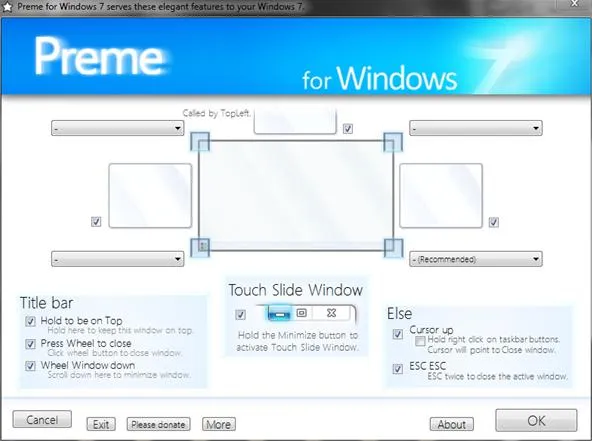 Preme for Windows 7 interface showing settings for touch slide window.