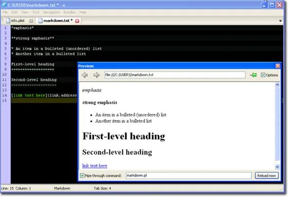 Screenshot of HTML code and its rendered output displaying headings and links.