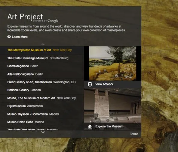 Art Project overview showcasing museums and artworks.