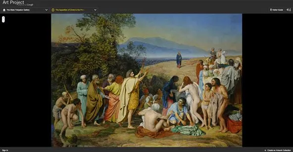Biblical scene depicting a group of people, including figures in traditional attire, gathered in a natural landscape.