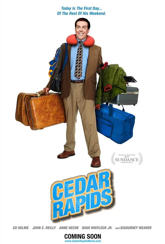 Cedar Rapids movie poster featuring a man with luggage.