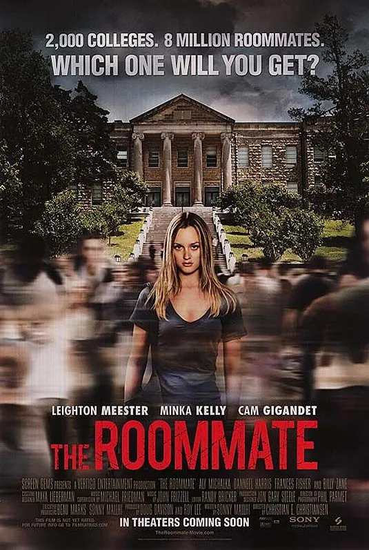 The Roommate movie poster featuring a woman in the foreground and a building in the background.