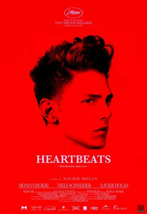 Heartbeats movie poster featuring a red background and a profile of a man.