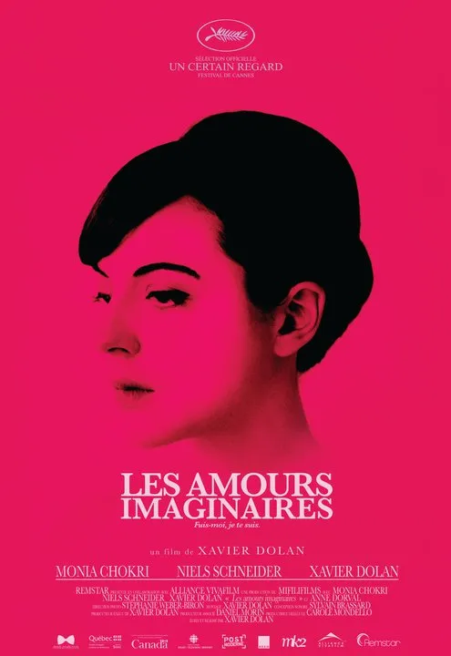 Les Amours Imaginaires movie poster featuring a profile of a woman against a pink background.