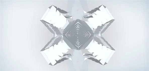 Abstract geometric shape with a symmetrical design in shades of white and gray.