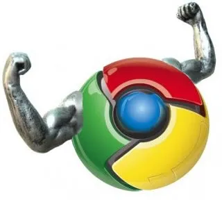 Google Chrome logo with muscular arms, symbolizing strength and performance.