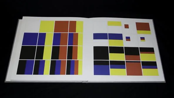 Abstract geometric art featuring vibrant colors arranged in blocks and shapes.