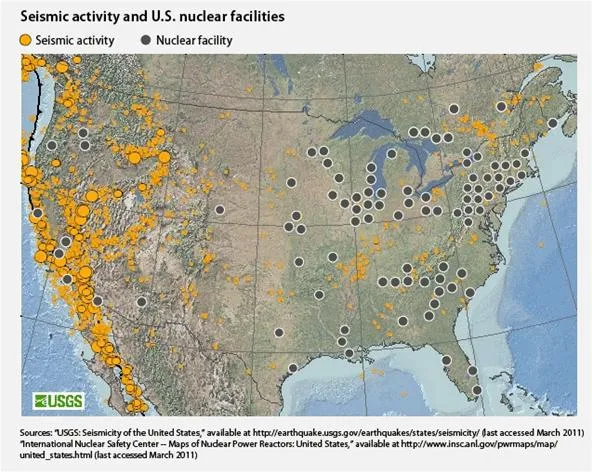 Map showing seismic activity in relation to U.S. nuclear facilities.