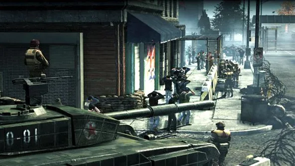 Military tank on a city street with soldiers and civilians.