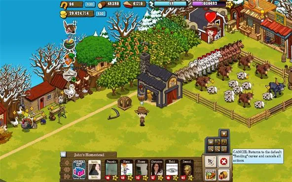 A vibrant virtual farm scene with various buildings, animals, and trees.