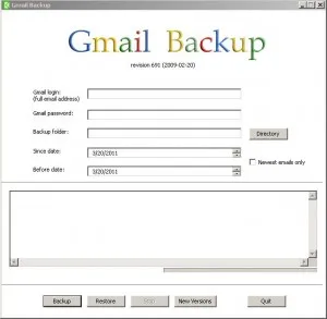 Gmail Backup software interface with fields for user credentials and backup options.