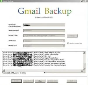 Gmail Backup software interface displaying options for email backup settings.