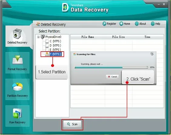 Data recovery software interface showing partition selection and scan initiation.