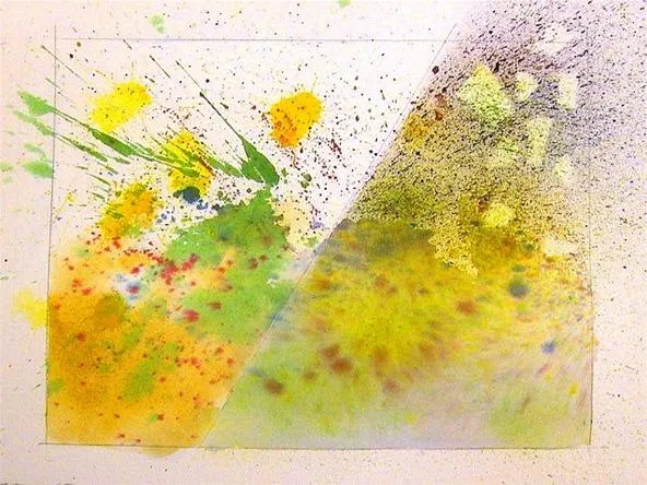 Abstract watercolor painting with vibrant yellow and green splashes.