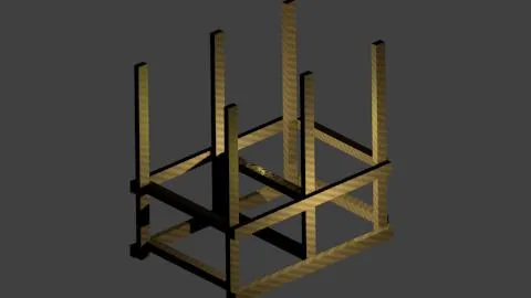 3D model of a wooden furniture frame with vertical supports.