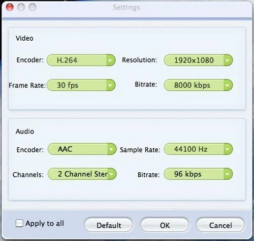 Video and audio settings configuration panel with encoders, resolution, frame rate, and bitrates.