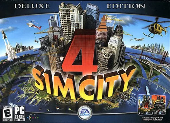 SimCity 4 Deluxe Edition video game cover art featuring a city skyline and helicopters.