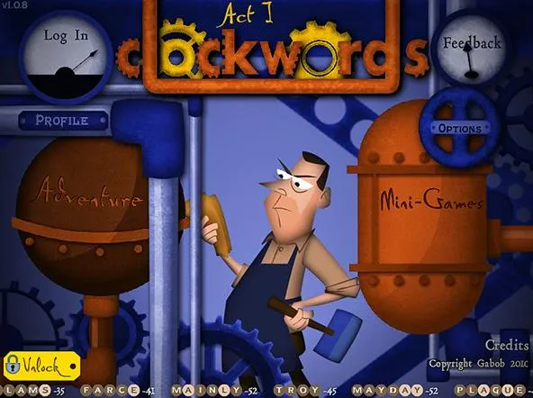 Alternative text: "A character in overalls holding a hammer in a whimsical, steampunk-themed environment."