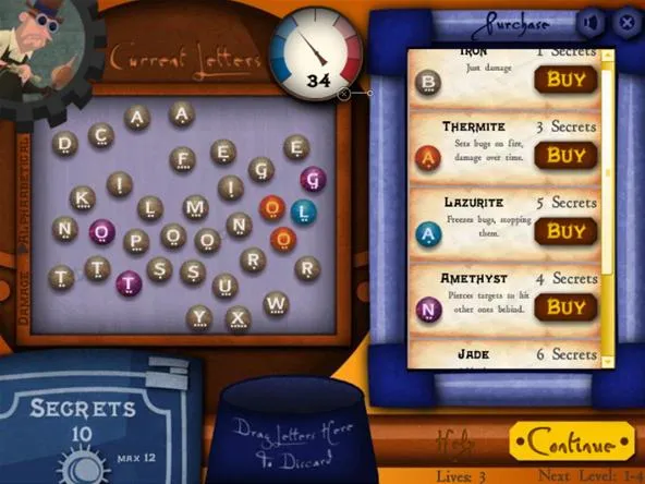 A colorful game board with letter tiles and options to purchase items.