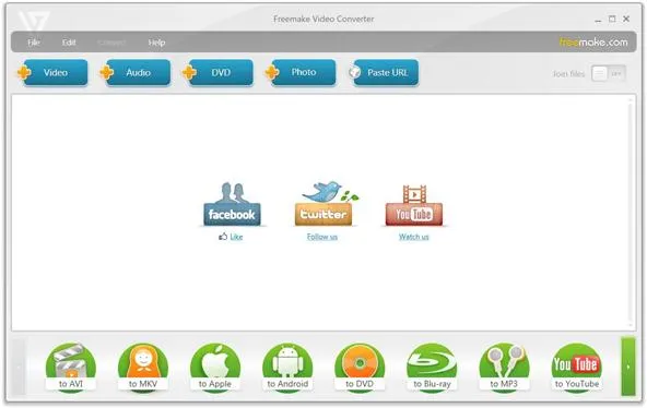 Video conversion software interface with options for video, audio, DVD, and social media sharing.