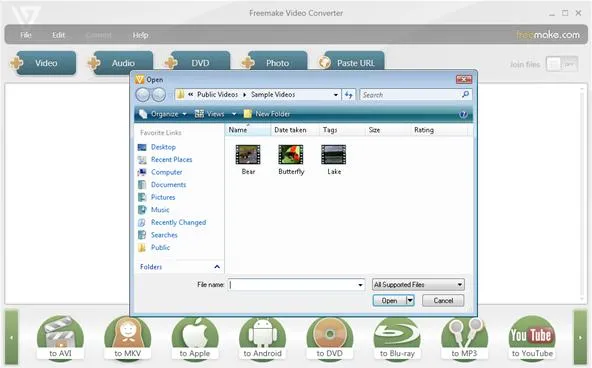 File upload interface with options for video, audio, and photo selections.