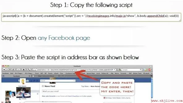 Instructions for using a script on Facebook.