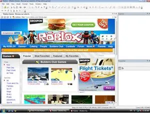 Roblox website homepage featuring game categories and advertisements.