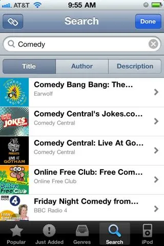 Search results for comedy content on a mobile app.