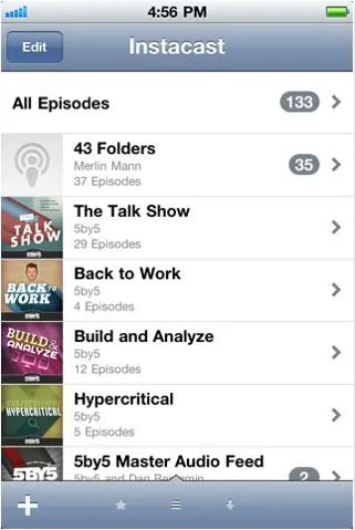 Podcast episode list on a mobile app interface.