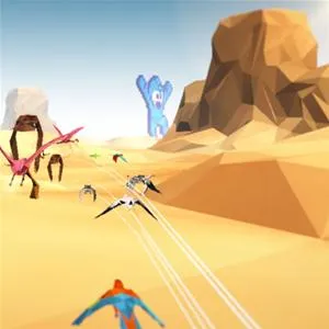 Colorful abstract landscape with geometric shapes and flying creatures in a desert setting.