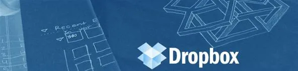 Dropbox logo with a blue background and design sketches.