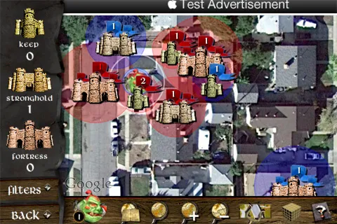 Strategic gameplay interface of a test advertisement for a mobile game.